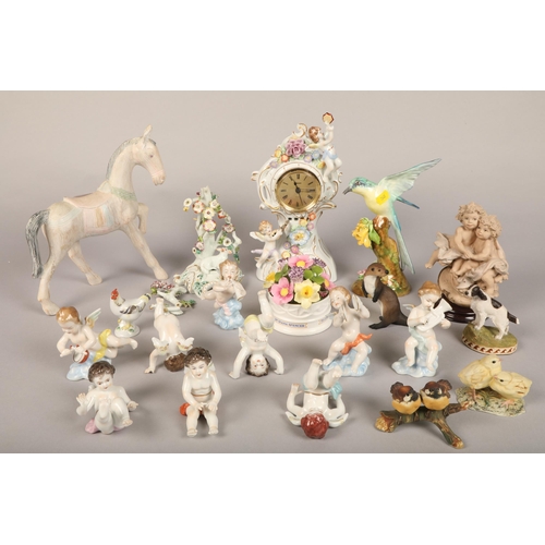 28 - Tray assortment ceramic figures, some German, wooden horse, von Schierholz clock, Aynsley Charles Di... 