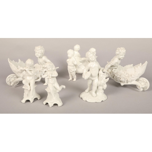 29 - Tray assortment mostly German white porcelain cherubs, putti, dishes etc (6)