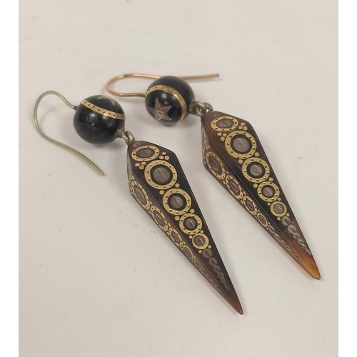 117 - Pair of inlaid tortoiseshell earrings of spear shape, gold and silver.