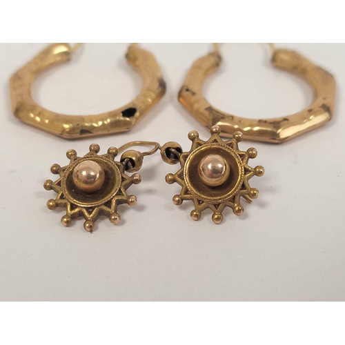 127 - Pair of Victorian gold ball and star earrings and another pair of creole style, possibly 15ct, 7.3g.