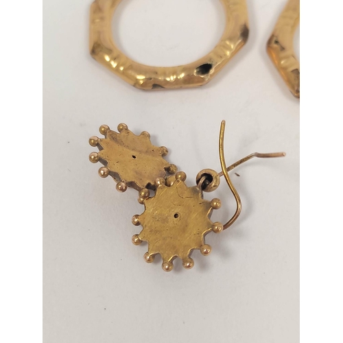 127 - Pair of Victorian gold ball and star earrings and another pair of creole style, possibly 15ct, 7.3g.