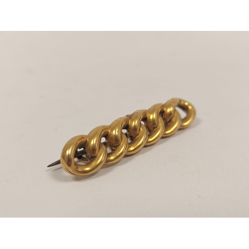 132 - 15ct gold curb brooch, a fouled anchor pin and a gem set ring.  (3)