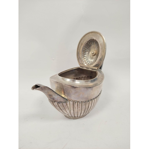 142 - Silver three piece individual tea set of half fluted boat shape, Sheffield, 1895, 412g.