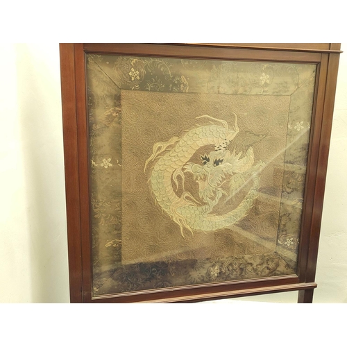 385 - 19th century Chinese silk embroidered panel depicting a dragon chasing the flaming pearl on brown lo... 