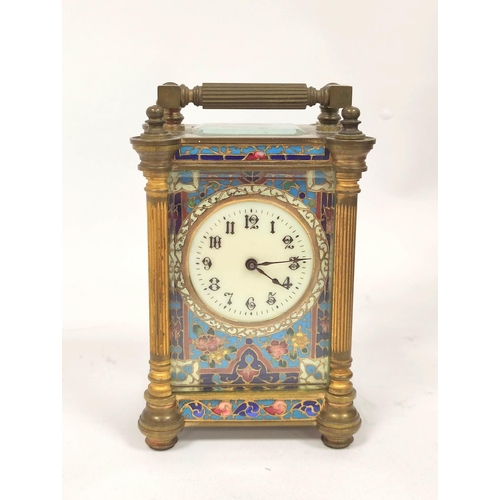 183 - Carriage timepiece with replaced lever platform, in champlevé enamel case of Anglaise style, 11cm.