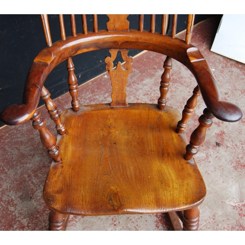 387 - Antique yew wood and elm Windsor rocking chair with hoop frame, stick back with pierced splat, pad a... 