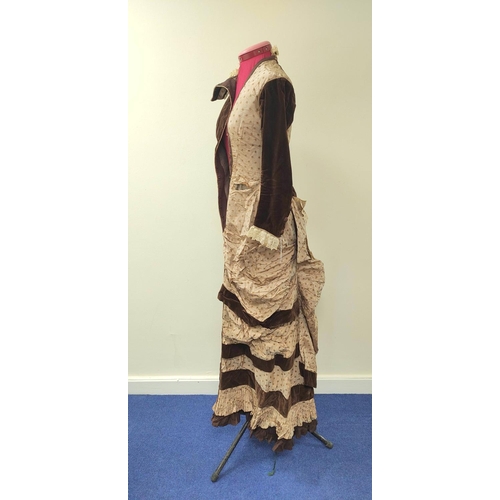 176 - Late Victorian lady's dress, in brown velvet and cafe au lait spotted silk, with tiered ruched skirt... 