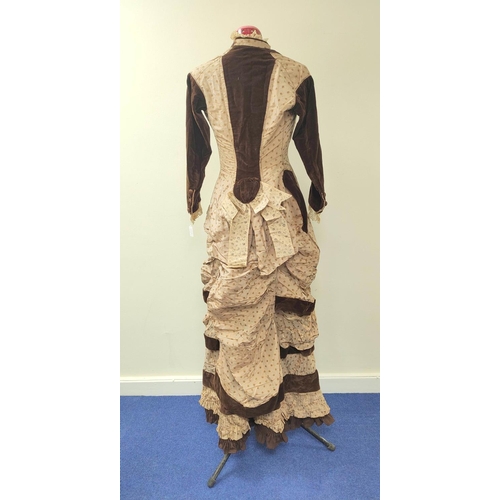 176 - Late Victorian lady's dress, in brown velvet and cafe au lait spotted silk, with tiered ruched skirt... 