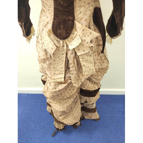 176 - Late Victorian lady's dress, in brown velvet and cafe au lait spotted silk, with tiered ruched skirt... 