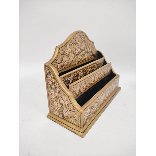 181 - Gilt lacquered letter rack decorated with cherry blossom motif, a papier-mâché lacquered  tray with ... 