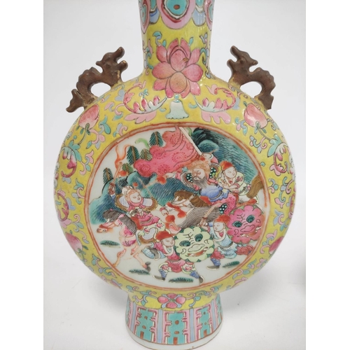 318 - Pair of Chinese famille rose moon flasks, Qianlong revival, possibly Republic period with grotesque ... 