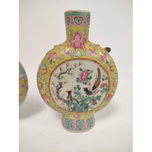 318 - Pair of Chinese famille rose moon flasks, Qianlong revival, possibly Republic period with grotesque ... 