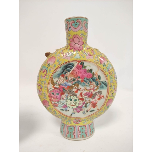 318 - Pair of Chinese famille rose moon flasks, Qianlong revival, possibly Republic period with grotesque ... 