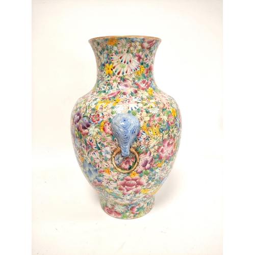 319 - Qing dynasty Chinese famille rose mille fleurs large baluster pottery vase with turquoise glazed int... 