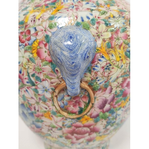 319 - Qing dynasty Chinese famille rose mille fleurs large baluster pottery vase with turquoise glazed int... 