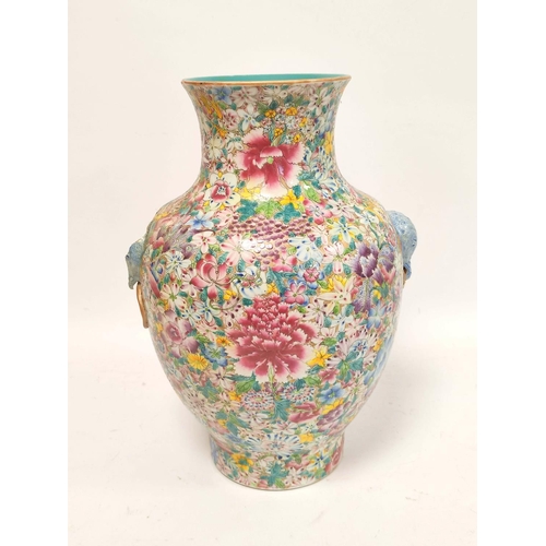 319 - Qing dynasty Chinese famille rose mille fleurs large baluster pottery vase with turquoise glazed int... 