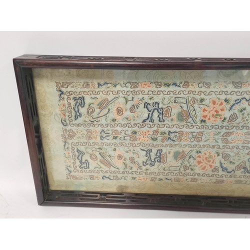 320 - 1920s Chinese silk needlework sleeve panel mounted as a tray, worked in colourful foliage, in a glaz... 