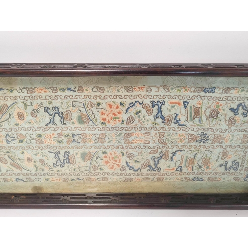 320 - 1920s Chinese silk needlework sleeve panel mounted as a tray, worked in colourful foliage, in a glaz... 