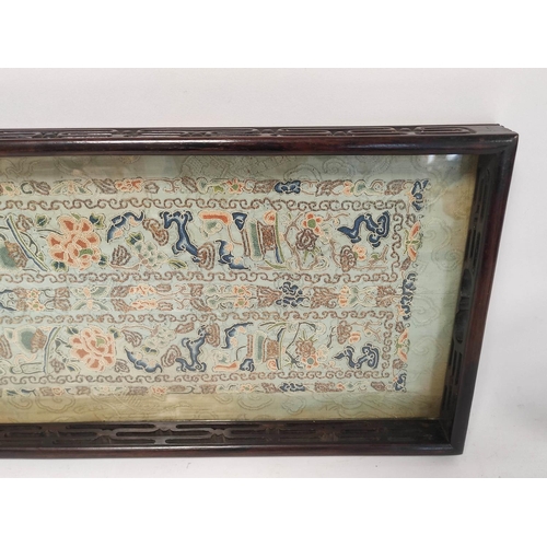 320 - 1920s Chinese silk needlework sleeve panel mounted as a tray, worked in colourful foliage, in a glaz... 