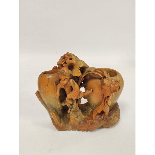 322 - Group of oriental soapstone to include brush washers, another exapmle modeled as a seated Buddha wit... 