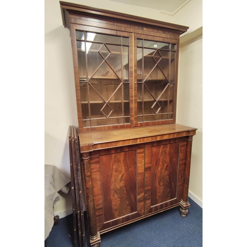 367 - 19th century mahogany bookcase on chiffonier base, the Regency style bookcase with two glazed astrag... 