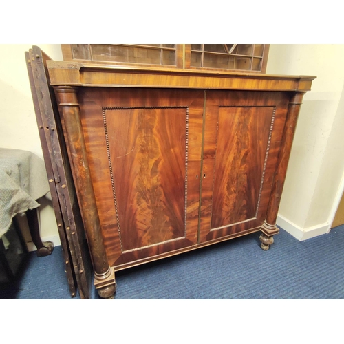 367 - 19th century mahogany bookcase on chiffonier base, the Regency style bookcase with two glazed astrag... 