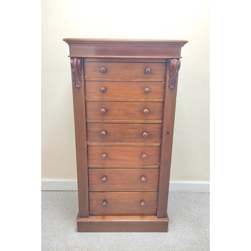 372 - Victorian mahogany Wellington chest, with seven graduated drawers, turned knob handles, raised on pl... 