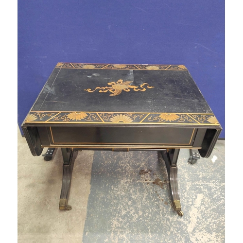 378 - Early 20th century Regency style japanned black and gilt chinoiserie sofa table, with drop-ends, pai... 