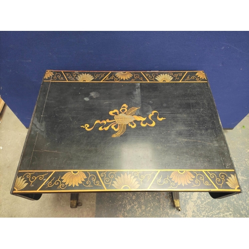 378 - Early 20th century Regency style japanned black and gilt chinoiserie sofa table, with drop-ends, pai... 