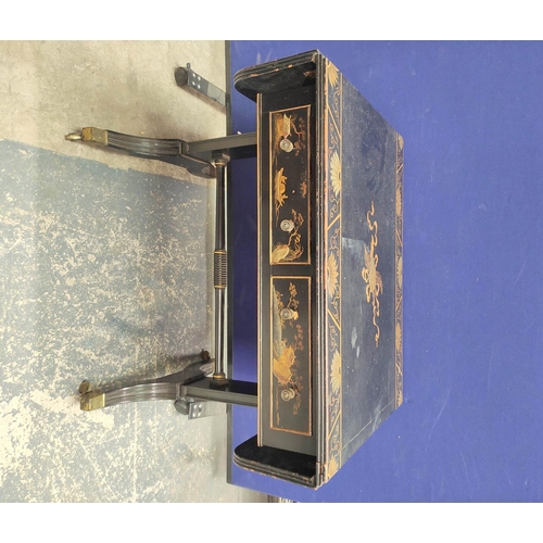 378 - Early 20th century Regency style japanned black and gilt chinoiserie sofa table, with drop-ends, pai... 