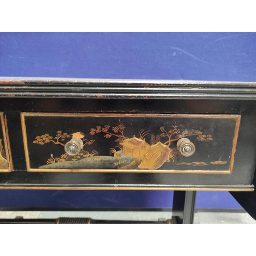 378 - Early 20th century Regency style japanned black and gilt chinoiserie sofa table, with drop-ends, pai... 