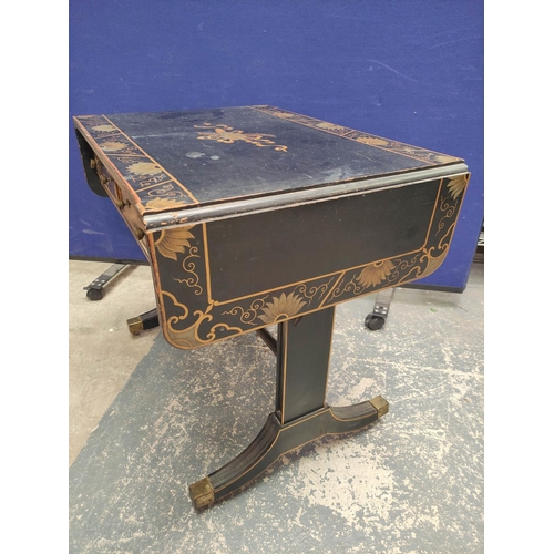 378 - Early 20th century Regency style japanned black and gilt chinoiserie sofa table, with drop-ends, pai... 