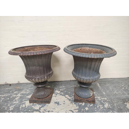 380 - Pair of antique cast iron campagna form garden urns of large size, each with formerly painted lunett... 