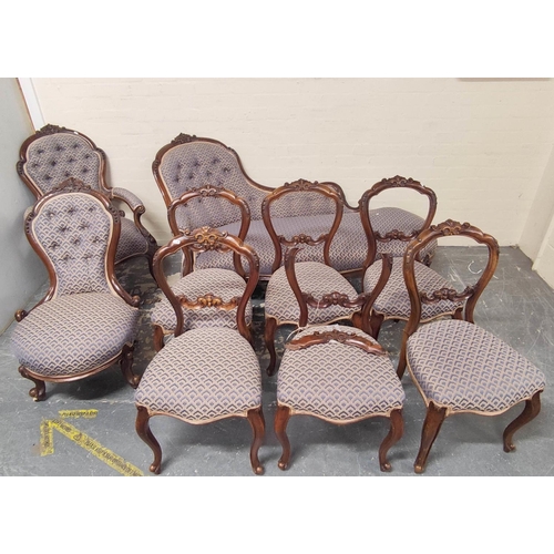 381 - Victorian mahogany nine piece parlour suite comprising  six dining chairs, a nursing chair, a chaise... 