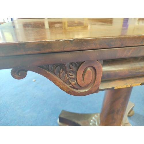 389 - 19th century mahogany tea table the revolving fold-over top above scrolled frieze, columnar support,... 