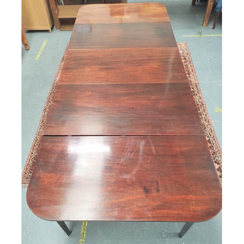 369 - Late Georgian mahogany D-end extending dining table, in three sections, with drop ends, on tapered s... 