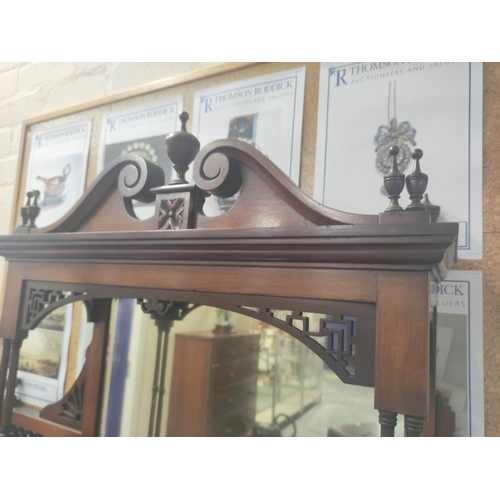 390 - Late Victorian mahogany three tiered mirrored sideboard the cupboard base flanked by two shelves and... 