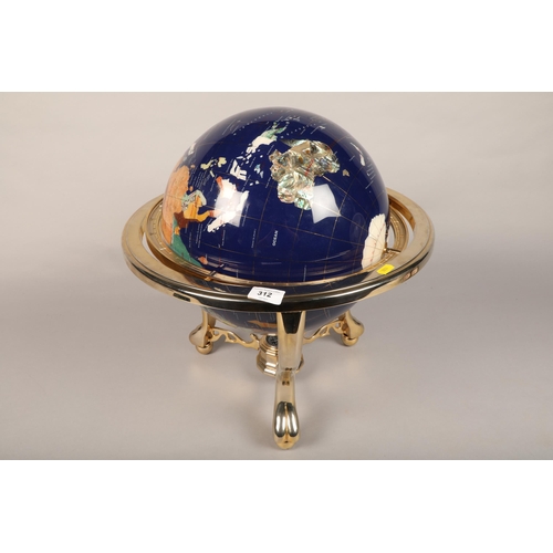 312 - Large table top globe inlaid with assorted semi precious stone