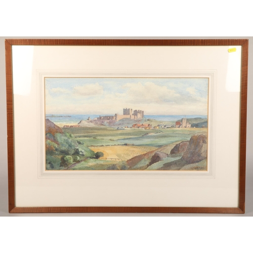 463 - Northumbrian castles, watercolour Alice Marquis, 'Bamburgh Castle' 1950, signed by the artist, 54 x ... 