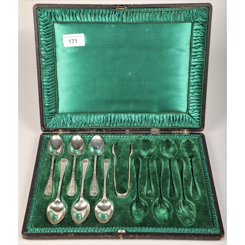 171 - Part boxed set of silver spoons and sugar tongs, Sheffield 1897