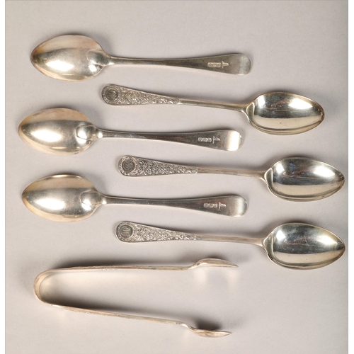 171 - Part boxed set of silver spoons and sugar tongs, Sheffield 1897