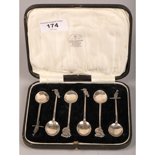 174 - Boxed set of six Australian animal topped white metal coffee spoons