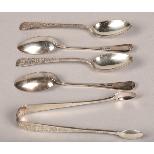 175 - Boxed set of silver tea spoons and sugar tongs, J. Cameron & Son Kilmarnock, Glasgow 1898