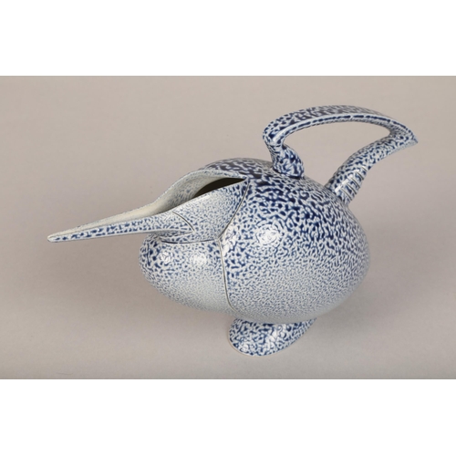 230 - Blue speckle salt glazed studio ceramic bird jug signed Anthony Theakston to base, approx 15cm h