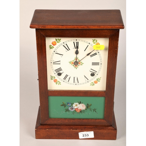 233 - Oak cased mantel/wall clock with floral reverse painted glass design and painted roses on face, 31cm... 