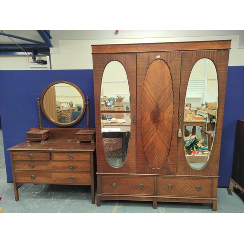 364 - Chippendale revival mahogany two piece bedroom suite comprising a two door mirrored wardrobe with tw... 