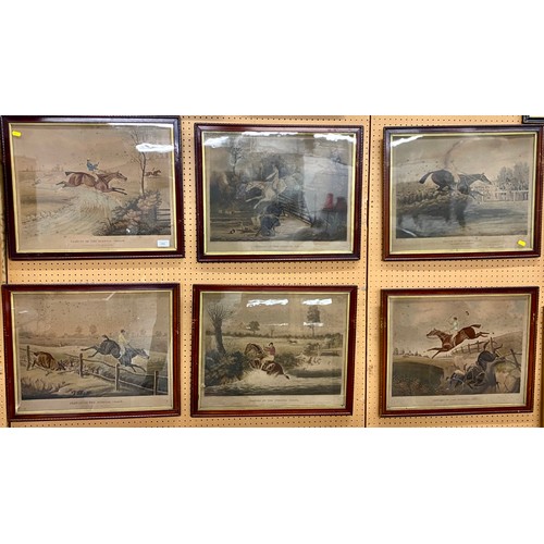 498 - Set of six vintage hand finished framed horse racing prints, 'Chances of the Steeple Chase' after en... 