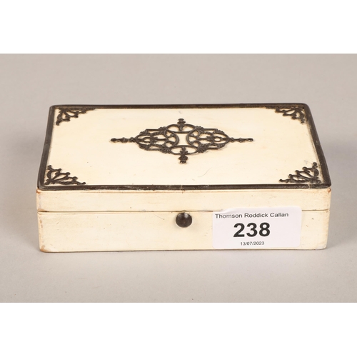 238 - Victorian miniature sewing set, mirrored base inside, white metal applique designs on lid