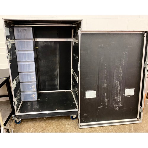 628 - Extra large flight case with wheels, drawers and rail installed, approx 150cm x 90cm x 110cm