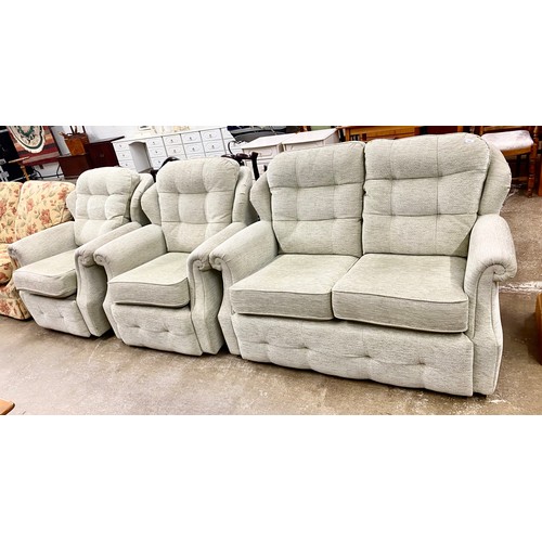 593 - G-plan two-seater sofa with matching recliner arm chair and another chair (3)